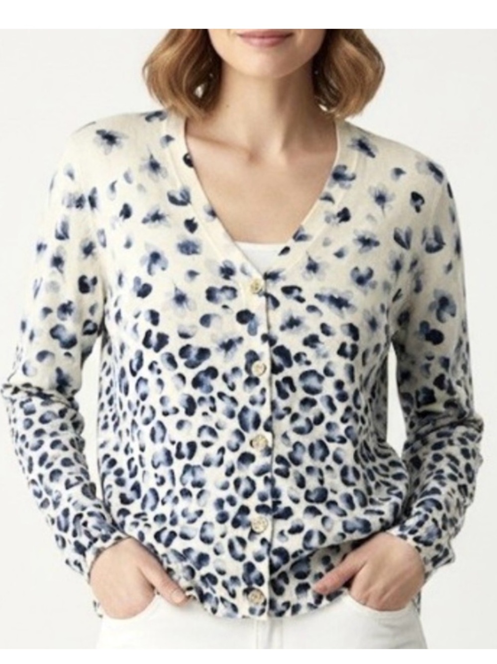 Tory Burch 100% Merino Wool Floral Leopard Print V-Neck Cardigan Sweater,Size XS